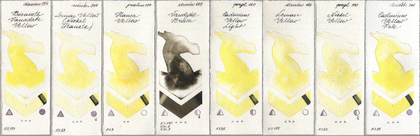 Daniel Smith 154 Bismuth Vanadate Yellow, Winsor & Newton Professional 347 Lemon Yellow (Nickel Titanate), M. Graham & Co. Artists 107 Hansa Yellow, Shminke Horadam Aquarell 669 Vandyke Brown, Golden QOR 120 Cadmium Yellow Light, 165 Lemon Yellow, 100 Nickel Yellow, Holbein Artists Watercolor 041 Cadmium Yellow Pa watercolor swatch