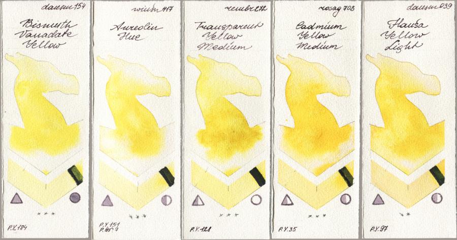 Daniel Smith 154 Bismuth Vanadate Yellow vs Winsor & Newton Professional 417 Aureolin Hue vs Royal Talens Rembrandt Watercolour 272 Transparent Yellow Medium vs Rosa Gallery 703 Cadmium Yellow Medium vs 039 Hansa Yellow Light watercolor swatch