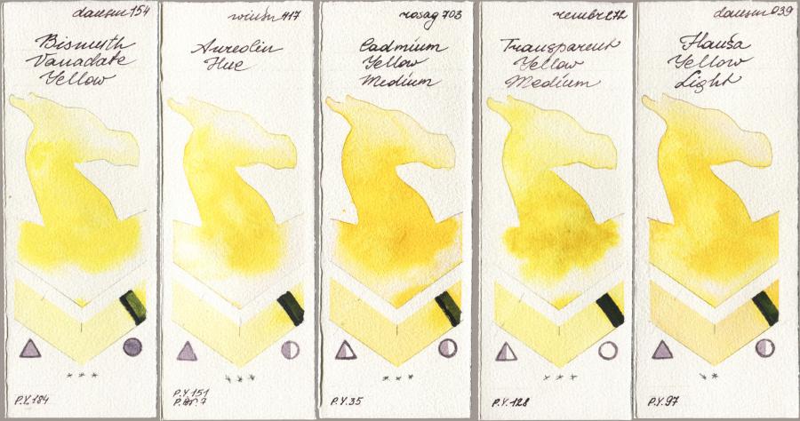 Daniel Smith 154 Bismuth Vanadate Yellow vs Winsor & Newton Professional 417 Aureolin Hue vs Rosa Gallery 703 Cadmium Yellow Medium vs Royal Talens Rembrandt Watercolour 272 Transparent Yellow Medium vs 039 Hansa Yellow Light watercolor swatch