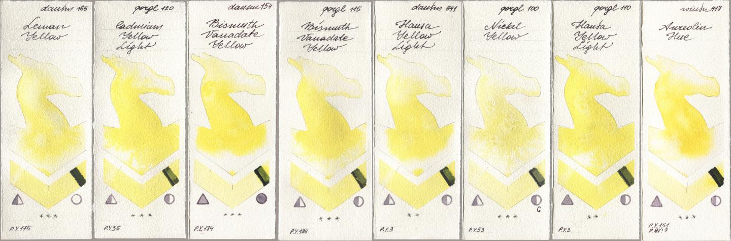 Daniel Smith 165 Lemon Yellow, Golden QOR 120 Cadmium Yellow Light, 154 Bismuth Vanadate Yellow, 115 Bismuth Vanadate Yellow, 041 Hansa Yellow Light, 100 Nickel Yellow, 110 Hansa Yellow Light, Winsor & Newton Professional 417 Aureolin H watercolor swatch