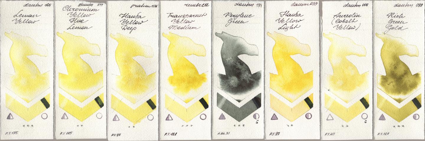 Daniel Smith 165 Lemon Yellow, Shminke Horadam Aquarell 211 Chromium Yellow Hue Lemon, M. Graham & Co. Artists 106 Hansa Yellow Deep, Royal Talens Rembrandt Watercolour 272 Transparent Yellow Medium, 194 Perylene Green, 039 Hansa Yellow Light, 006 Aureolin (Cobalt Yellow), 099 Rich Green Go watercolor swatch