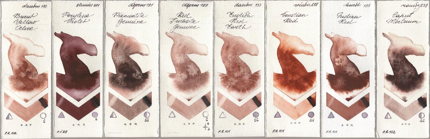 Daniel Smith 170 Burnt Yellow Ochre, Shminke Horadam Aquarell 371 Perylene Violet, 191 Piemontite Genuine, 189 Red Fuchsite Genuine, 137 English Red Earth, Winsor & Newton Professional 678 Venetian Red, Holbein Artists Watercolor 135 Indian Red, Roman Szmal Aquarius 239 Caput Mortu watercolor swatch