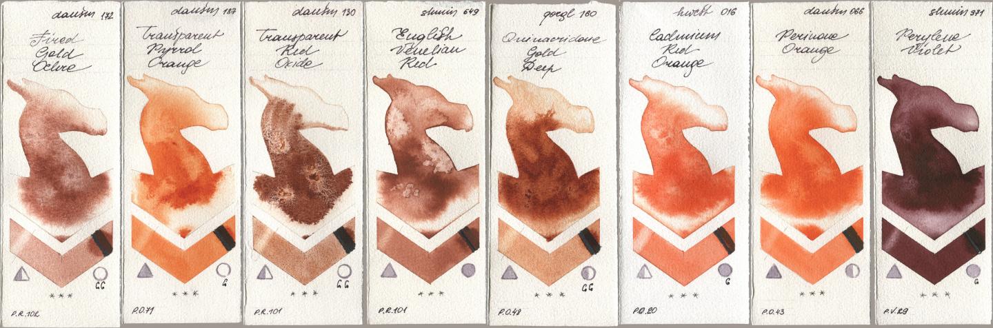 Daniel Smith 172 Fired Gold Ochre, 187 Transparent Pyrrol Orange, 130 Transparent Red Oxide, Shminke Horadam Aquarell 649 English Venetian Red, Golden QOR 160 Quinacridone Gold Deep, Holbein Artists Watercolor 016 Cadmium Red Orange, 066 Perinone Orange, 371 Perylene Viol watercolor swatch