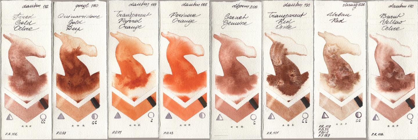 Daniel Smith 172 Fired Gold Ochre, Golden QOR 160 Quinacridone Gold Deep, 187 Transparent Pyrrol Orange, 066 Perinone Orange, 205 Garnet Genuine, 130 Transparent Red Oxide, Shminke Horadam Aquarell 926 Urban Red, 170 Burnt Yellow Och watercolor swatch