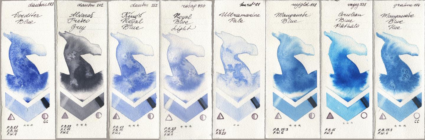 Daniel Smith 173 Verditer Blue, 242 Alvaros Fresco Grey, 252 King’s Royal Blue, Rosa Gallery 750 Royal Blue Light, Kuretake Gansai Tambi 061 Ultramatire Pale, Mijello Mission Gold 548 Manganese Blue, Royal Talens Van Gogh Watercolour 535 Cerulean Blue Phthalo, M. Graham & Co. Artists 114 Manganese Blue H watercolor swatch