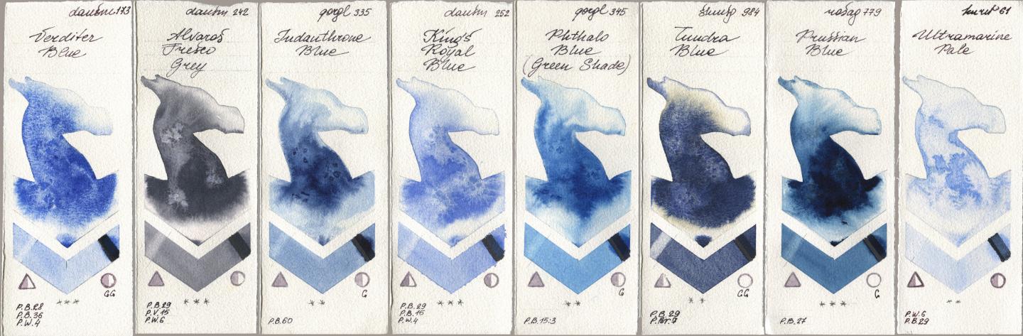 Daniel Smith 173 Verditer Blue, 242 Alvaros Fresco Grey, Golden QOR 335 Indanthrone Blue, 252 King’s Royal Blue, 345 Phthalo Blue (Green Shade), Shminke Horadam Aquarell 984 Tundra Blue, Rosa Gallery 779 Prussian Blue, Kuretake Gansai Tambi 061 Ultramatire Pa watercolor swatch
