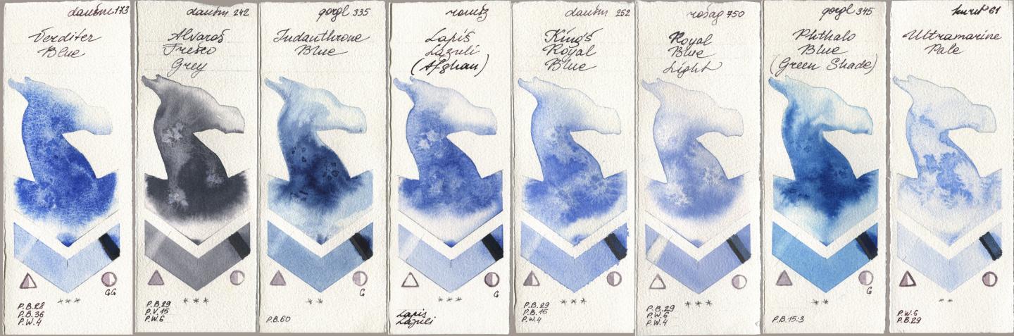 Daniel Smith 173 Verditer Blue, 242 Alvaros Fresco Grey, Golden QOR 335 Indanthrone Blue, Roman Szmal Aquarius 999 Lapis Lazuli Afghan, 252 King’s Royal Blue, Rosa Gallery 750 Royal Blue Light, 345 Phthalo Blue (Green Shade), Kuretake Gansai Tambi 061 Ultramatire Pa watercolor swatch