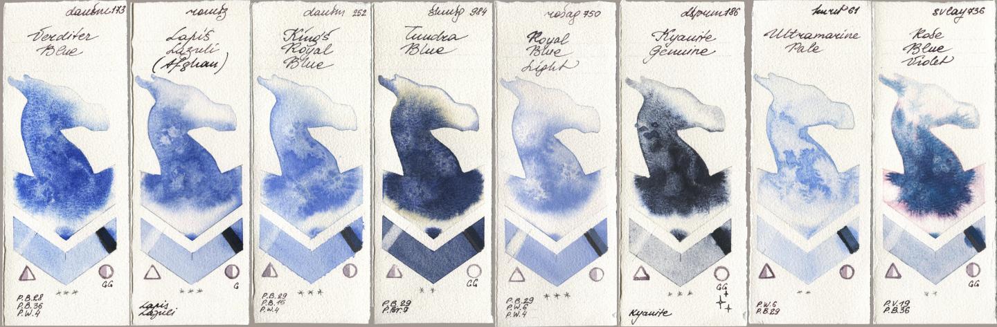 Daniel Smith 173 Verditer Blue, Roman Szmal Aquarius 999 Lapis Lazuli Afghan, 252 King’s Royal Blue, Shminke Horadam Aquarell 984 Tundra Blue, Rosa Gallery 750 Royal Blue Light, 186 Kyanite Genuine, Kuretake Gansai Tambi 061 Ultramatire Pale, SuperVision 736 Rose Blue Viol watercolor swatch