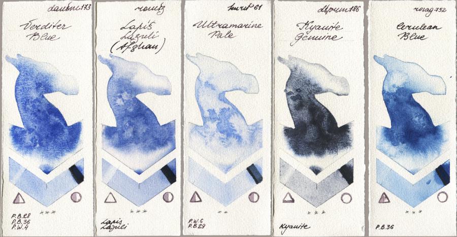 Daniel Smith 173 Verditer Blue vs Roman Szmal Aquarius 999 Lapis Lazuli Afghan vs Kuretake Gansai Tambi 061 Ultramatire Pale vs 186 Kyanite Genuine vs Rosa Gallery 752 Cerulean Blue watercolor swatch