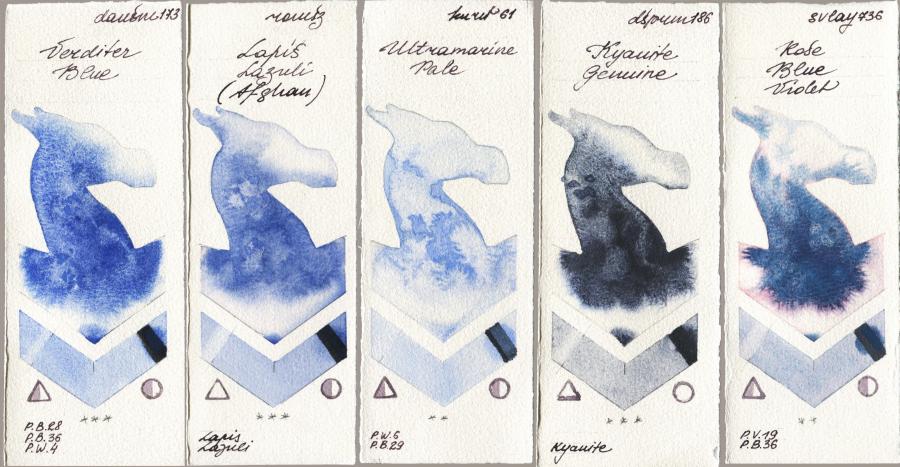 Daniel Smith 173 Verditer Blue vs Roman Szmal Aquarius 999 Lapis Lazuli Afghan vs Kuretake Gansai Tambi 061 Ultramatire Pale vs 186 Kyanite Genuine vs SuperVision 736 Rose Blue Violet watercolor swatch