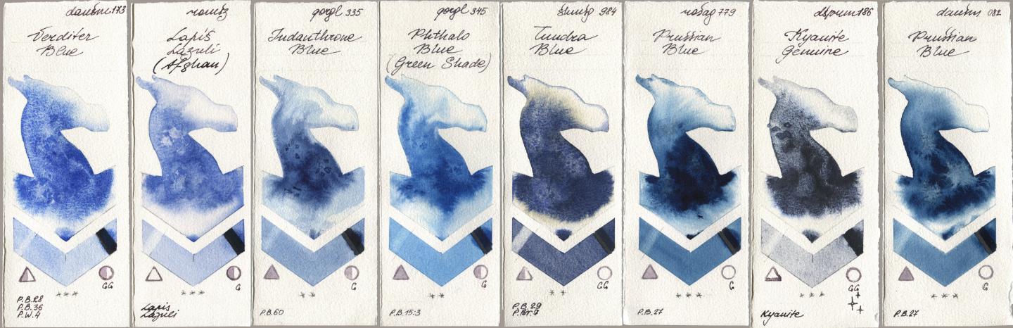 Daniel Smith 173 Verditer Blue, Roman Szmal Aquarius 999 Lapis Lazuli Afghan, Golden QOR 335 Indanthrone Blue, 345 Phthalo Blue (Green Shade), Shminke Horadam Aquarell 984 Tundra Blue, Rosa Gallery 779 Prussian Blue, 186 Kyanite Genuine, 082 Prussian Bl watercolor swatch