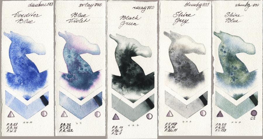 Daniel Smith 173 Verditer Blue vs SuperVision 742 Blue Violet vs Rosa Gallery 760 Black Green vs Shminke Horadam Aquarell 935 Shire Grey vs 934 Shire Blue watercolor swatch