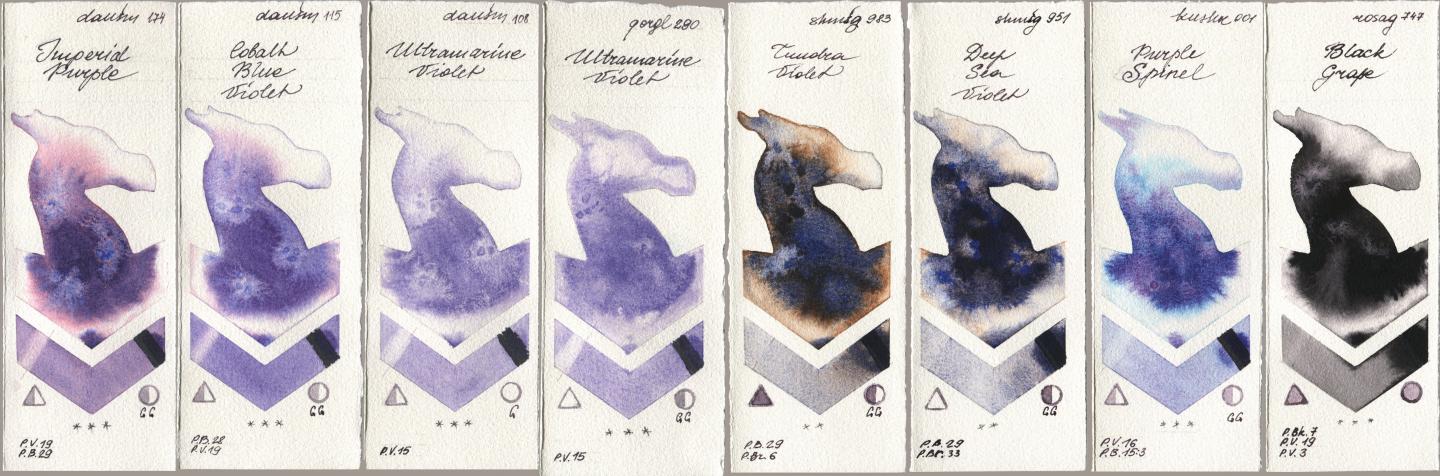 Daniel Smith 174 Imperial Purple, 115 Cobalt Blue Violet, 108 Ultramarine Violet, Golden QOR 290 Ultramarine Violet, Shminke Horadam Aquarell 983 Tundra Violet, 951 Deep Sea Violet, Kusakabe 001 Purple Spinel, Rosa Gallery 747 Black Gra watercolor swatch