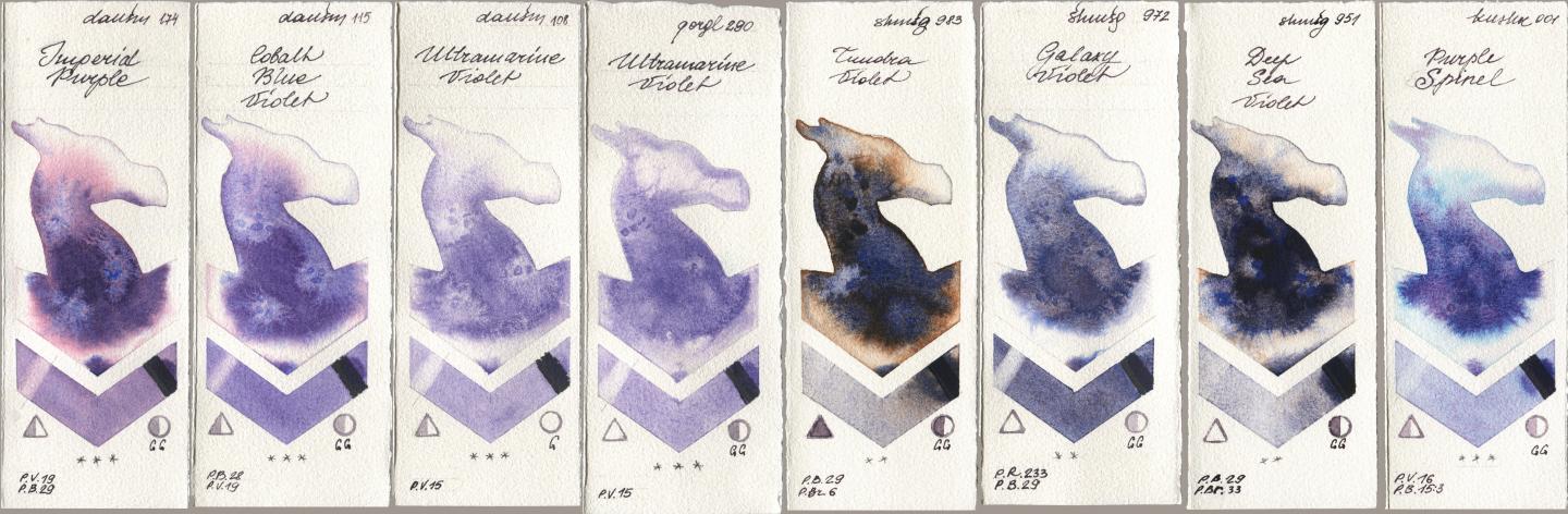 Daniel Smith 174 Imperial Purple, 115 Cobalt Blue Violet, 108 Ultramarine Violet, Golden QOR 290 Ultramarine Violet, Shminke Horadam Aquarell 983 Tundra Violet, 972 Galaxy Violet, 951 Deep Sea Violet, Kusakabe 001 Purple Spin watercolor swatch
