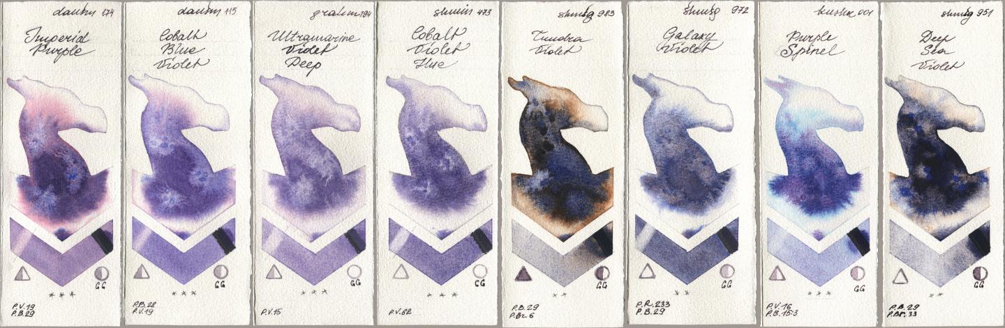 Daniel Smith 174 Imperial Purple, 115 Cobalt Blue Violet, M. Graham & Co. Artists 194 Ultramarine Violet Deep, Shminke Horadam Aquarell 473 Cobalt Violet Hue, 983 Tundra Violet, 972 Galaxy Violet, Kusakabe 001 Purple Spinel, 951 Deep Sea Viol watercolor swatch