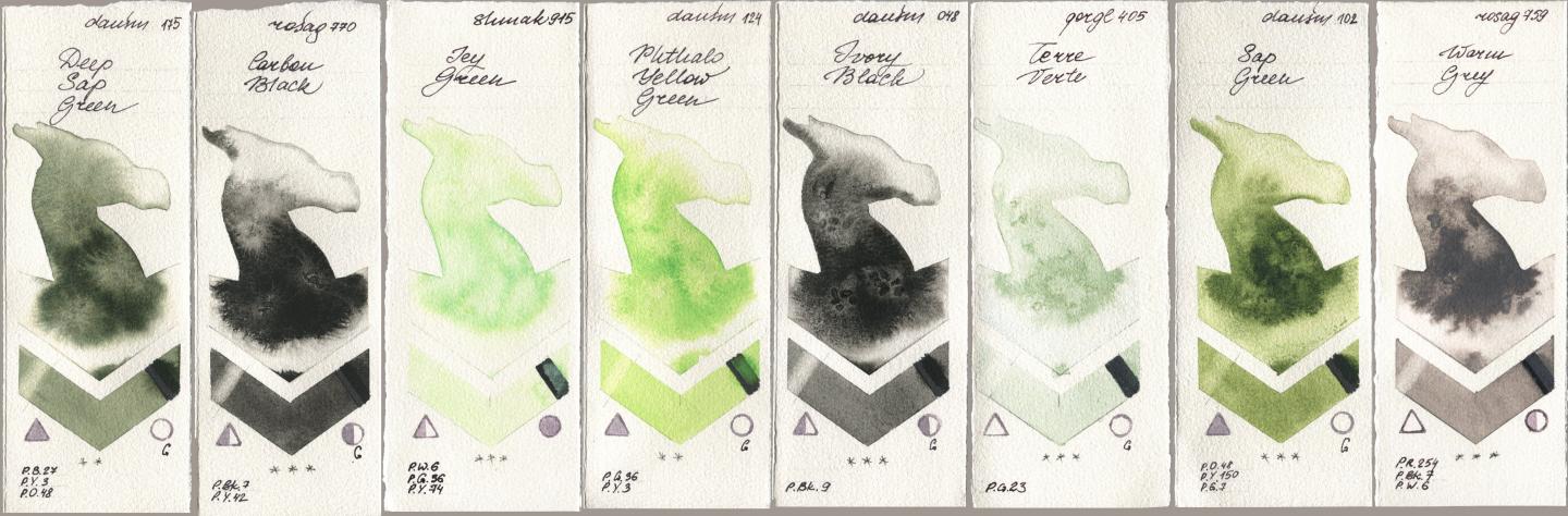 Daniel Smith 175 Deep Sap Green, Rosa Gallery 770 Carbon Black, Shminke Akademie Aquarell 915 Icy Green, 124 Phthalo Yellow Green, 048 Ivory Black, Golden QOR 405 Terre Verte, 102 Sap Green, 759 Warm Gr watercolor swatch
