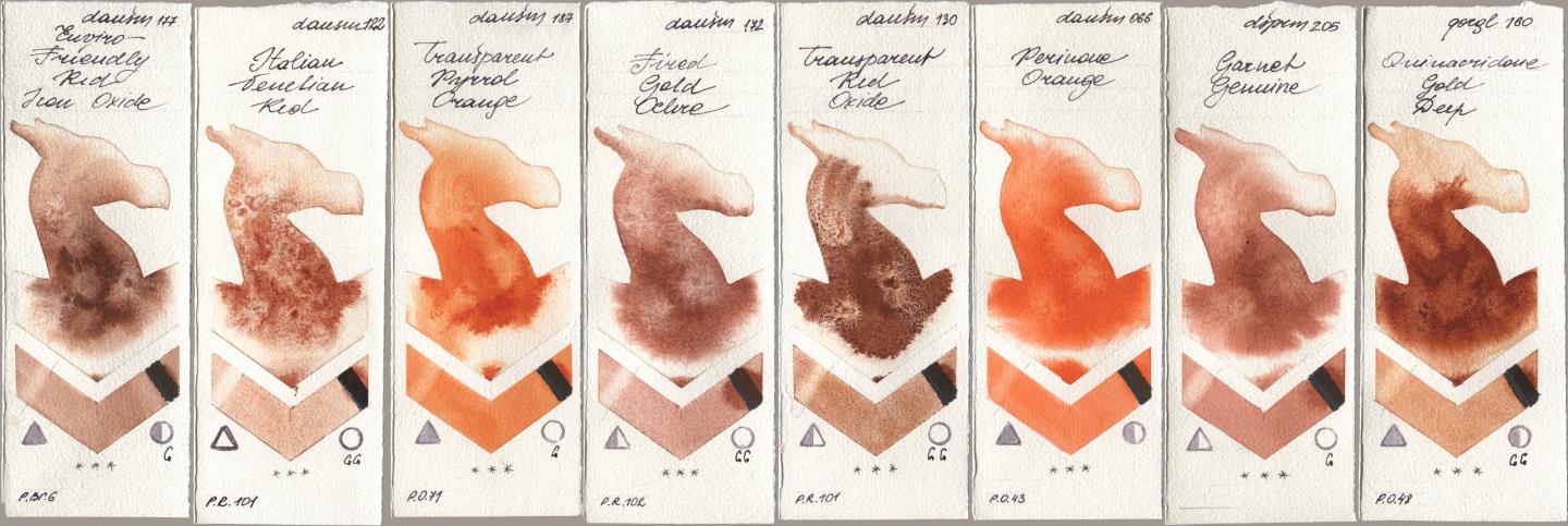 Daniel Smith 177 Enviro-Friendly Red Iron Oxide, 122 Italian Venetian Red, 187 Transparent Pyrrol Orange, 172 Fired Gold Ochre, 130 Transparent Red Oxide, 066 Perinone Orange, 205 Garnet Genuine, Golden QOR 160 Quinacridone Gold De watercolor swatch