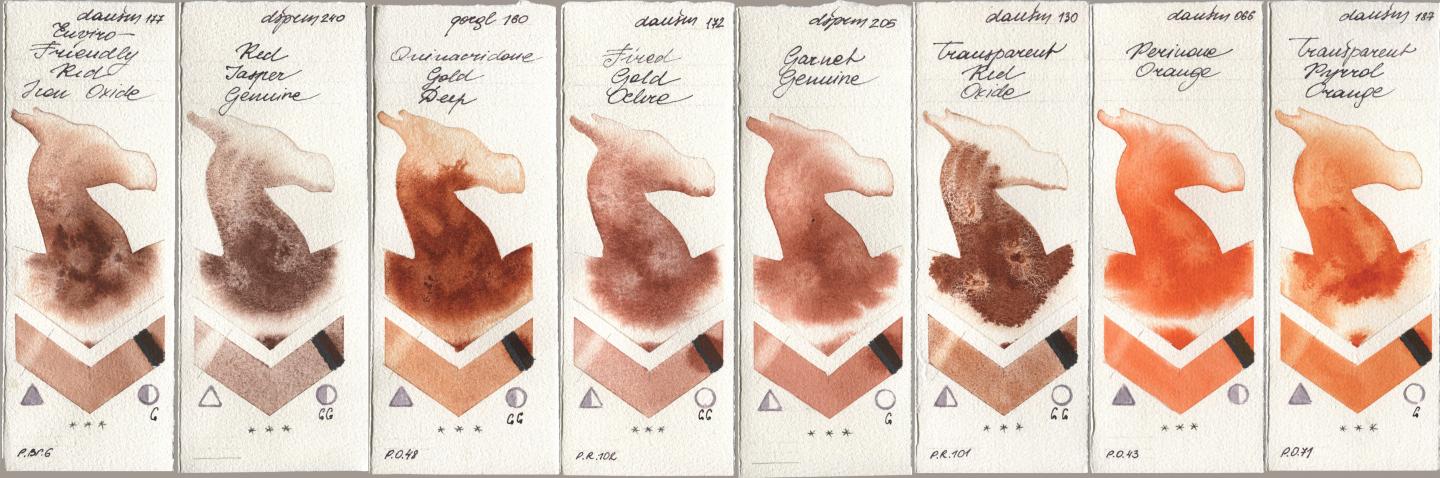 Daniel Smith 177 Enviro-Friendly Red Iron Oxide, 240 Red Jasper Genuine, Golden QOR 160 Quinacridone Gold Deep, 172 Fired Gold Ochre, 205 Garnet Genuine, 130 Transparent Red Oxide, 066 Perinone Orange, 187 Transparent Pyrrol Oran watercolor swatch