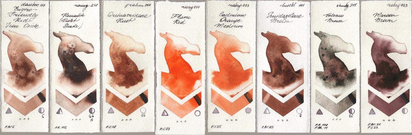 Daniel Smith 177 Enviro-Friendly Red Iron Oxide, Roman Szmal Aquarius 248 Hematite (Violet Shade), M. Graham & Co. Artists 157 Quinacridone Rust, Rosa Gallery 734 Flame Red, 773 Cadmium Orange Medium, Holbein Artists Watercolor 141 Imidazolone Brown, Shminke Horadam Aquarell 915 Volcano Brown, 763 Maroon Bro watercolor swatch