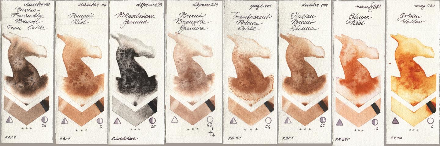 Daniel Smith 178 Enviro-Friendly Brown Iron Oxide, 116 Pompeii Red, 193 Bloodstone Genuine, 204 Burnt Bronzite Genuine, Golden QOR 475 Transparent Brown Oxide, 047 Italian Burnt Sienna, Roman Szmal Aquarius 368 Genger Red, Rosa Gallery 730 Golden Yell watercolor swatch
