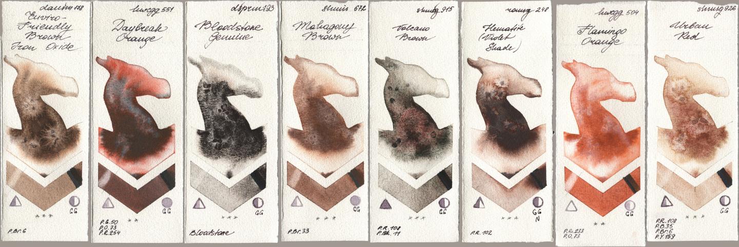 Daniel Smith 178 Enviro-Friendly Brown Iron Oxide, Holbein Artists Watercolor 551 Daybreak Orange, 193 Bloodstone Genuine, Shminke Horadam Aquarell 672 Mahagony Brown, 915 Volcano Brown, Roman Szmal Aquarius 248 Hematite (Violet Shade), 504 Flamingo Orange, 926 Urban R watercolor swatch