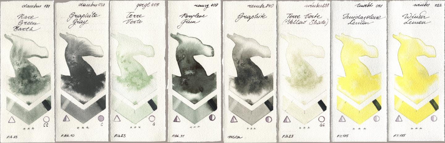 Daniel Smith 181 Rare Green Earth, 038 Graphite Gray, Golden QOR 405 Terre Verte, Roman Szmal Aquarius 409 Perylene Green, Royal Talens Rembrandt Watercolour 840 Graphite, Winsor & Newton Professional 638 Terre Verte (Yellow Shade), Holbein Artists Watercolor 051 Imidazolone Lemon, 722 Winsor Lem watercolor swatch