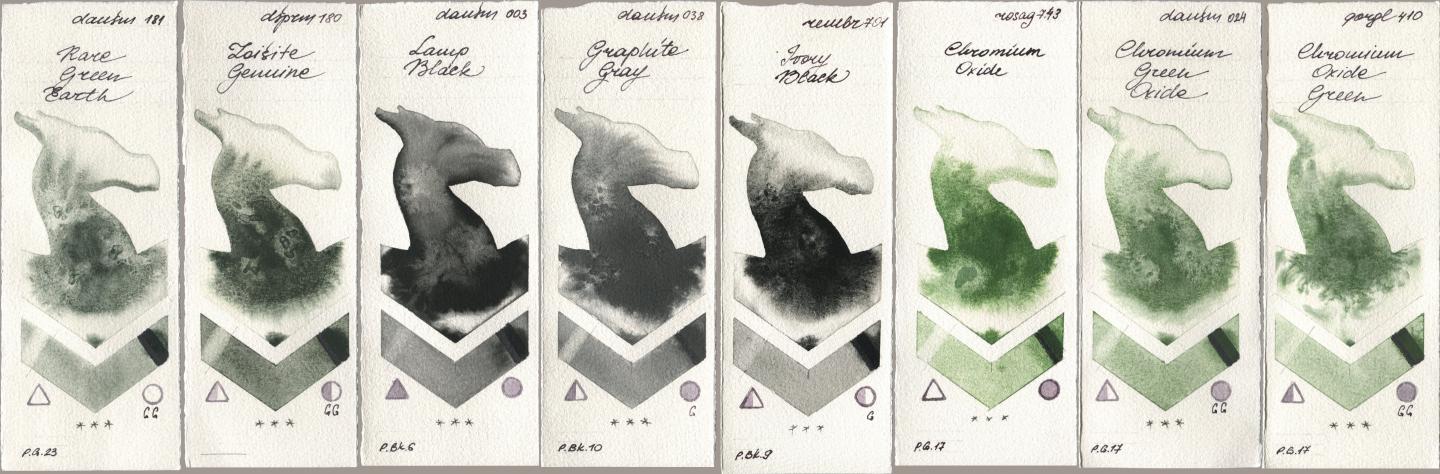 Daniel Smith 181 Rare Green Earth, 180 Zoisite Genuine, 003 Lamp Black, 038 Graphite Gray, Royal Talens Rembrandt Watercolour 701 Ivory Black, Rosa Gallery 743 Chromium Oxide, 024 Chromium Green Oxide, Golden QOR 410 Chromium Oxide Gre watercolor swatch