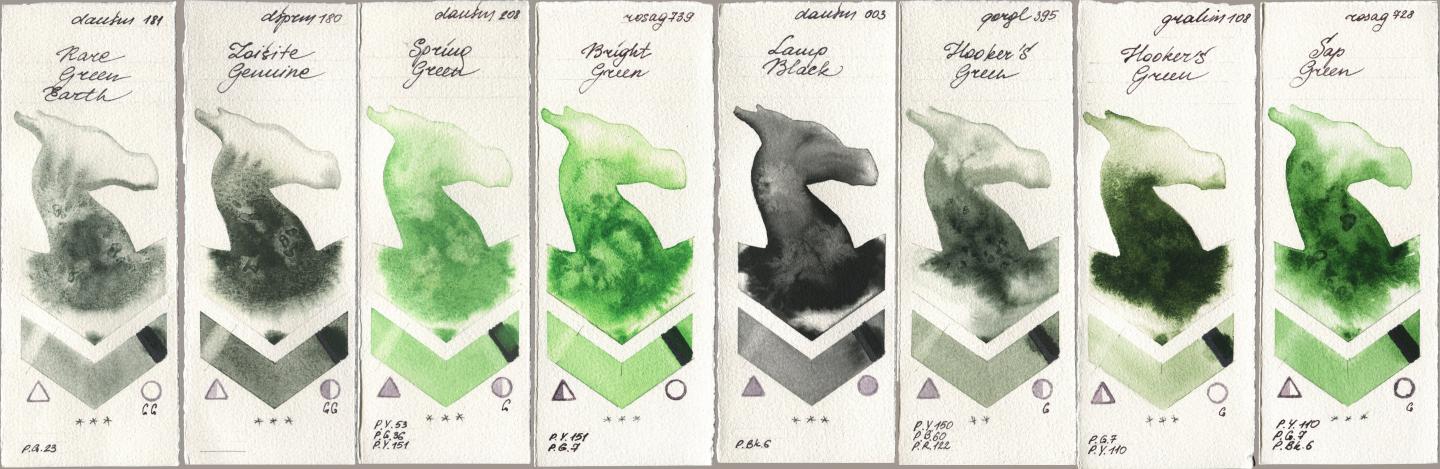 Daniel Smith 181 Rare Green Earth, 180 Zoisite Genuine, 208 Spring Green, Rosa Gallery 739 Bright Green, 003 Lamp Black, Golden QOR 395 Hookers Green, M. Graham & Co. Artists 108 Hookers Green, 728 Sap Gre watercolor swatch