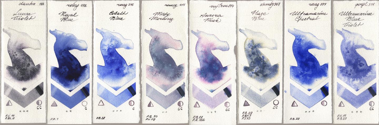 Daniel Smith 182 Lunar Violet, Rosa Gallery 782 Royal Blue, 716 Cobalt Blue, Roman Szmal Aquarius 415 Misty Morning, Mijello Mission Gold 814 Aurora Pink, Shminke Horadam Aquarell 967 Haze Blue, 777 Ultramarine Spectral, Golden QOR 316 Ultramarine Blue Viol watercolor swatch
