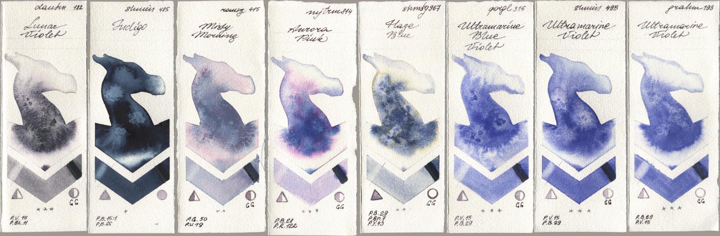 Daniel Smith 182 Lunar Violet, Shminke Horadam Aquarell 485 Indigo, Roman Szmal Aquarius 415 Misty Morning, Mijello Mission Gold 814 Aurora Pink, 967 Haze Blue, Golden QOR 316 Ultramarine Blue Violet, 495 Ultramarine Violet, M. Graham & Co. Artists 193 Ultramarine Viol watercolor swatch