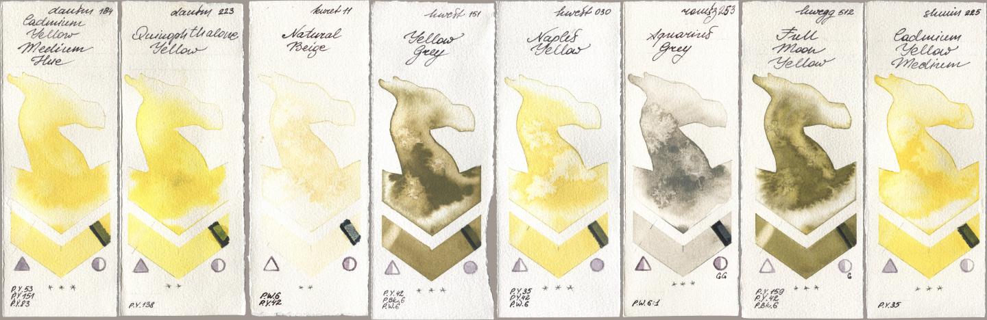 Daniel Smith 184 Cadmium Yellow Medium Hue, 223 Quinophthalone Yellow, Kuretake Gansai Tambi 011 Natural Beige, Holbein Artists Watercolor 151 Yellow Grey, 030 Naples Yellow, Roman Szmal Aquarius 253 Aquarius Grey, 512 Full Moon Yellow, Shminke Horadam Aquarell 225 Cadmium Yellow Medi watercolor swatch