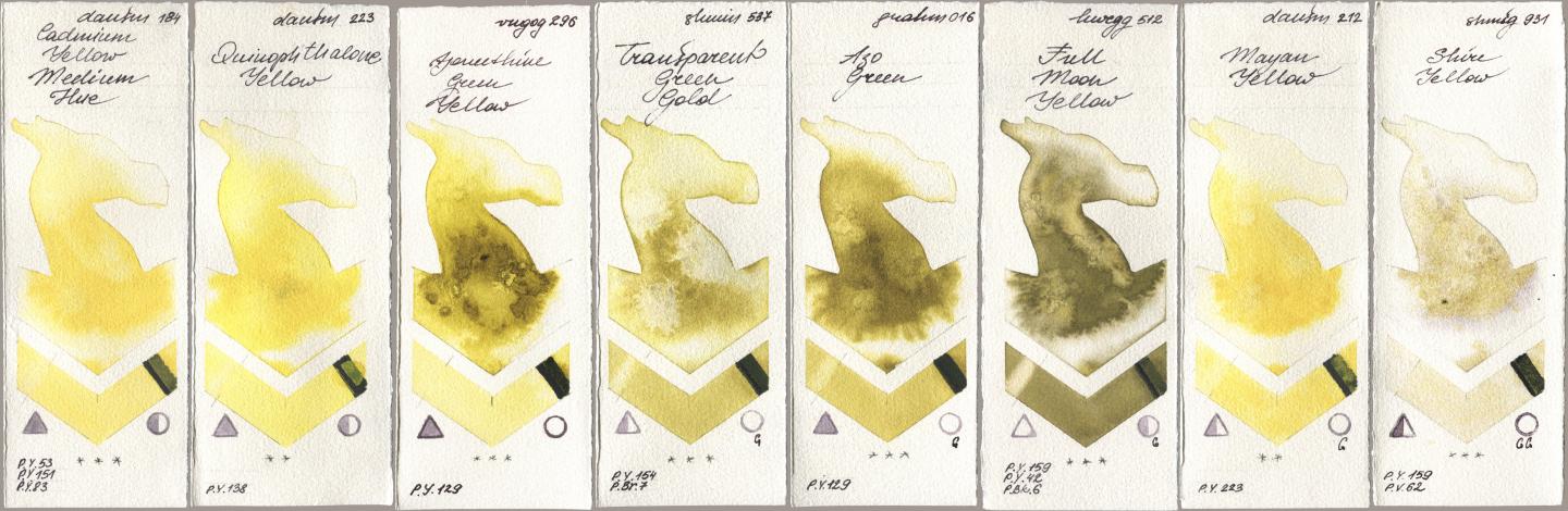 Daniel Smith 184 Cadmium Yellow Medium Hue, 223 Quinophthalone Yellow, Royal Talens Van Gogh Watercolour 296 Azomethine Green Yellow, Shminke Horadam Aquarell 537 Transparent Green Gold, M. Graham & Co. Artists 016 Azo Green, Holbein Artists Watercolor 512 Full Moon Yellow, 212 Mayan Yellow, 931 Shire Yell watercolor swatch