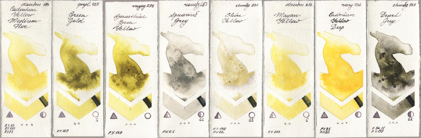 Daniel Smith 184 Cadmium Yellow Medium Hue, Golden QOR 425 Green Gold, Royal Talens Van Gogh Watercolour 296 Azomethine Green Yellow, Roman Szmal Aquarius 253 Aquarius Grey, Shminke Horadam Aquarell 931 Shire Yellow, 212 Mayan Yellow, Rosa Gallery 732 Cadmium Yellow Deep, 925 Desert Gr watercolor swatch