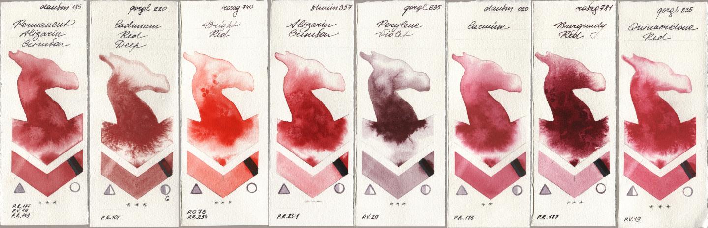 Daniel Smith 185 Permanent Alizarin Crimson, Golden QOR 220 Cadmium Red Deep, Rosa Gallery 740 Bright Red, Shminke Horadam Aquarell 357 Alizarin Crimson, 635 Perylene Violet, 020 Carmine, 781 Burgundy Red, 235 Quinacridone R watercolor swatch