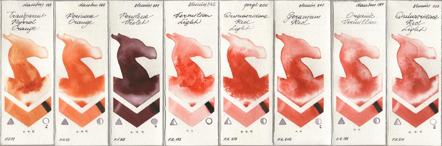 Daniel Smith 187 Transparent Pyrrol Orange, 066 Perinone Orange, Shminke Horadam Aquarell 371 Perylene Violet, 342 Vermilion Light, Golden QOR 205 Quinacridone Red Light, 341 Geranium Red, 064 Organic Vermilion, 343 Quinacridone Red Lig watercolor swatch