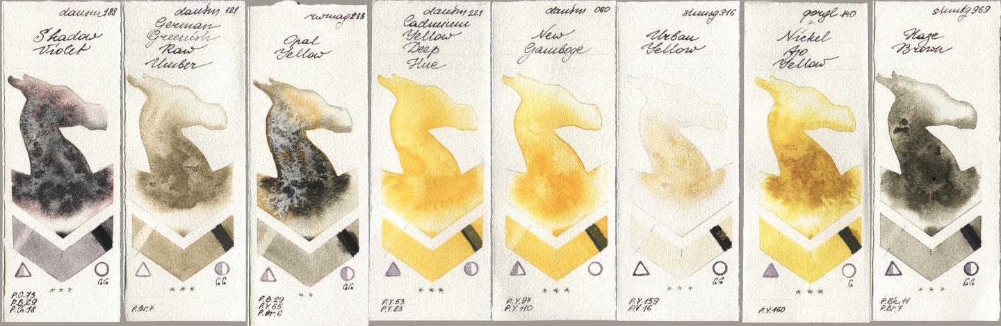 Daniel Smith 188 Shadow Violet, 121 German Greenish Raw Umber, Rockwell 233 Opal Yellow, 221 Cadmium Yellow Deep Hue, 060 New Gamboge, Shminke Horadam Aquarell 916 Urban Yellow, Golden QOR 140 Nickel Azo Yellow, 969 Haze Bro watercolor swatch