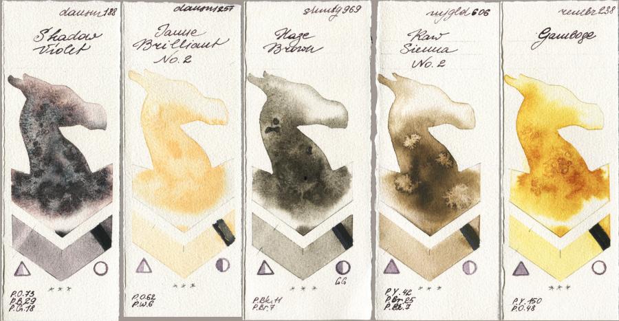 Daniel Smith 188 Shadow Violet vs 257 Jaune Brilliant No 2 vs Shminke Horadam Aquarell 969 Haze Brown vs Mijello Mission Gold 606 Raw Sienna No 2 vs Royal Talens Rembrandt Watercolour 238 Gamboge watercolor swatch