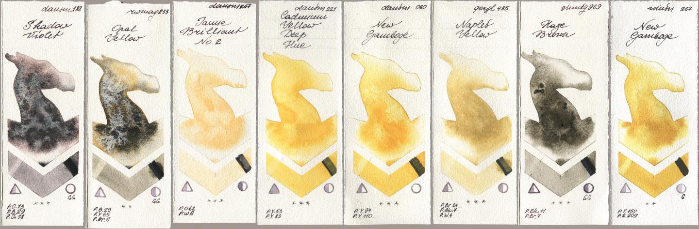 Daniel Smith 188 Shadow Violet, Rockwell 233 Opal Yellow, 257 Jaune Brilliant No 2, 221 Cadmium Yellow Deep Hue, 060 New Gamboge, Golden QOR 435 Naples Yellow, Shminke Horadam Aquarell 969 Haze Brown, Winsor & Newton Professional 267 New Gambo watercolor swatch