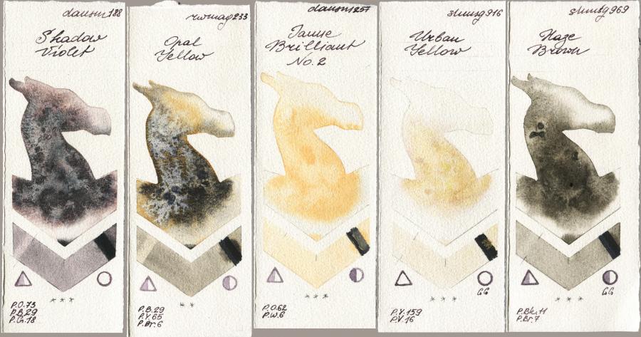 Daniel Smith 188 Shadow Violet vs Rockwell 233 Opal Yellow vs 257 Jaune Brilliant No 2 vs Shminke Horadam Aquarell 916 Urban Yellow vs 969 Haze Brown watercolor swatch