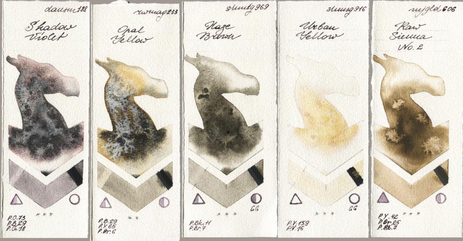 Daniel Smith 188 Shadow Violet vs Rockwell 233 Opal Yellow vs Shminke Horadam Aquarell 969 Haze Brown vs 916 Urban Yellow vs Mijello Mission Gold 606 Raw Sienna No 2 watercolor swatch
