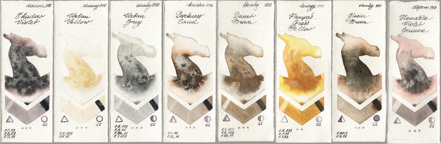 Daniel Smith 188 Shadow Violet, Shminke Horadam Aquarell 916 Urban Yellow, 956 Urban Grey, Kusakabe 012 Darkness Sand, 923 Desert Brown, Holbein Artists Watercolor 511 Pampas Grass Yellow, 964 Glacier Brown, 157 Hematite Violet Genui watercolor swatch