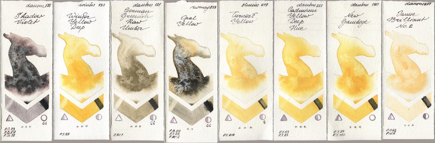 Daniel Smith 188 Shadow Violet, Winsor & Newton Professional 731 Winsor Yellow Deep, 121 German Greenish Raw Umber, Rockwell 233 Opal Yellow, Shminke Horadam Aquarell 219 Turner‘s Yellow, 221 Cadmium Yellow Deep Hue, 060 New Gamboge, 257 Jaune Brilliant No watercolor swatch