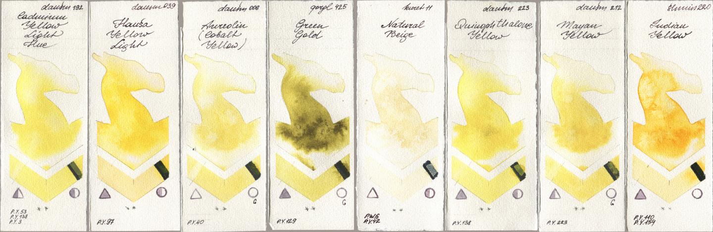 Daniel Smith 192 Cadmium Yellow Light Hue, 039 Hansa Yellow Light, 006 Aureolin (Cobalt Yellow), Golden QOR 425 Green Gold, Kuretake Gansai Tambi 011 Natural Beige, 223 Quinophthalone Yellow, 212 Mayan Yellow, Shminke Horadam Aquarell 220 Indian Yell watercolor swatch