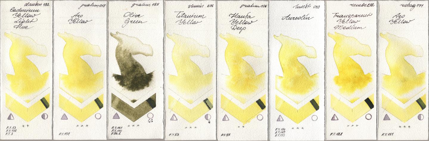 Daniel Smith 192 Cadmium Yellow Light Hue, M. Graham & Co. Artists 018 Azo Yellow, 125 Olive Green, Shminke Horadam Aquarell 206 Titanium Yellow, 106 Hansa Yellow Deep, Holbein Artists Watercolor 039 Aureolin, Royal Talens Rembrandt Watercolour 272 Transparent Yellow Medium, Rosa Gallery 771 Azo Yell watercolor swatch