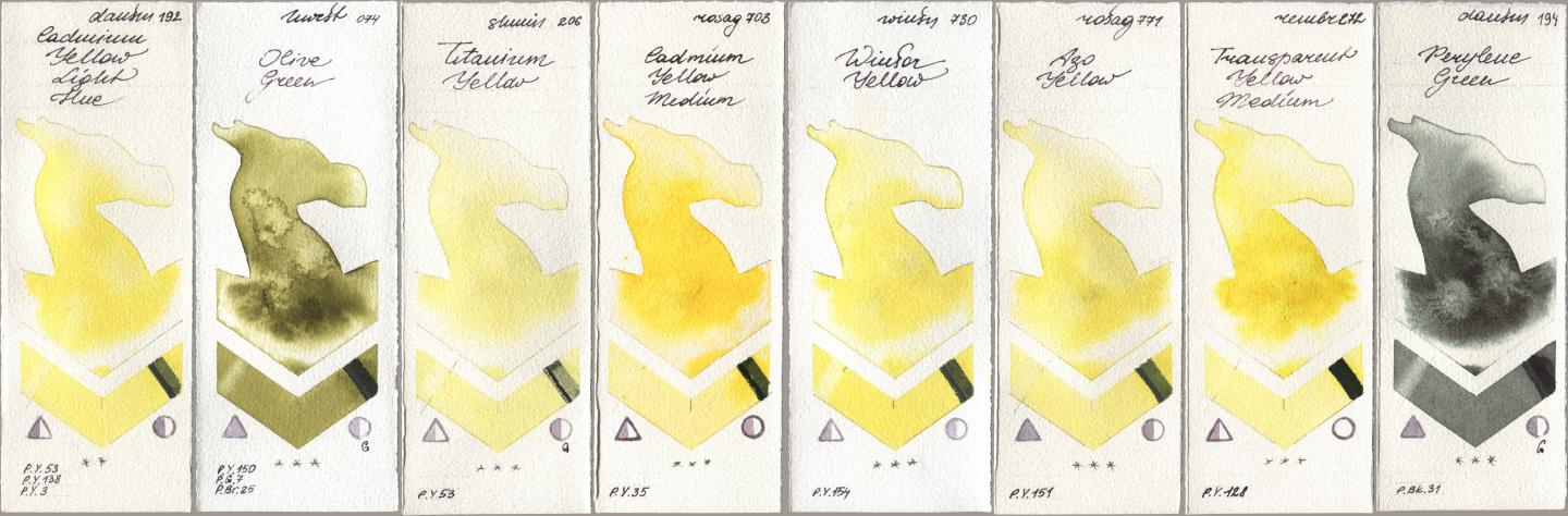 Daniel Smith 192 Cadmium Yellow Light Hue, Holbein Artists Watercolor 074 Olive Green, Shminke Horadam Aquarell 206 Titanium Yellow, Rosa Gallery 703 Cadmium Yellow Medium, Winsor & Newton Professional 730 Winsor Yellow, 771 Azo Yellow, Royal Talens Rembrandt Watercolour 272 Transparent Yellow Medium, 194 Perylene Gre watercolor swatch