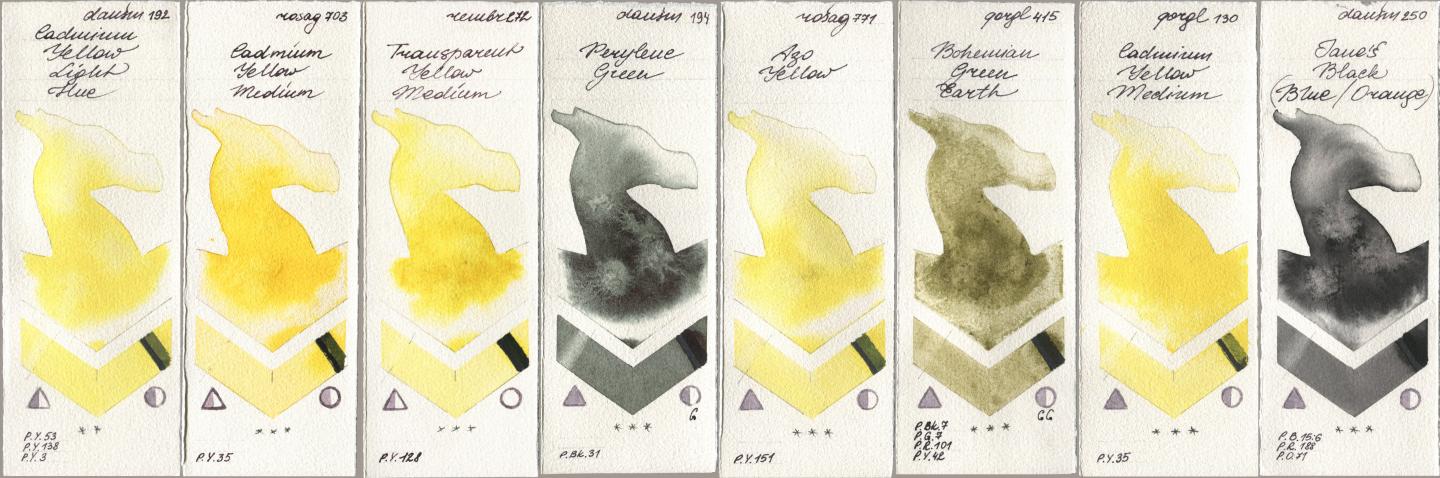 Daniel Smith 192 Cadmium Yellow Light Hue, Rosa Gallery 703 Cadmium Yellow Medium, Royal Talens Rembrandt Watercolour 272 Transparent Yellow Medium, 194 Perylene Green, 771 Azo Yellow, Golden QOR 415 Bohemian Green Earth, 130 Cadmium Yellow Medium, 250 Janes Black (Blue/Orang watercolor swatch