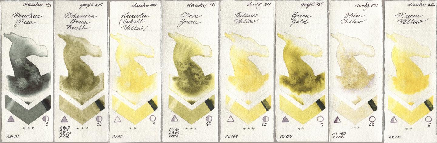 Daniel Smith 194 Perylene Green, Golden QOR 415 Bohemian Green Earth, 006 Aureolin (Cobalt Yellow), 063 Olive Green, Shminke Horadam Aquarell 911 Volcano Yellow, 425 Green Gold, 931 Shire Yellow, 212 Mayan Yell watercolor swatch