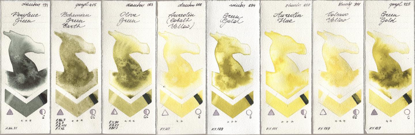 Daniel Smith 194 Perylene Green, Golden QOR 415 Bohemian Green Earth, 063 Olive Green, 006 Aureolin (Cobalt Yellow), Winsor & Newton Professional 294 Green Gold, Shminke Horadam Aquarell 208 Aureolin Hue, 911 Volcano Yellow, 425 Green Go watercolor swatch