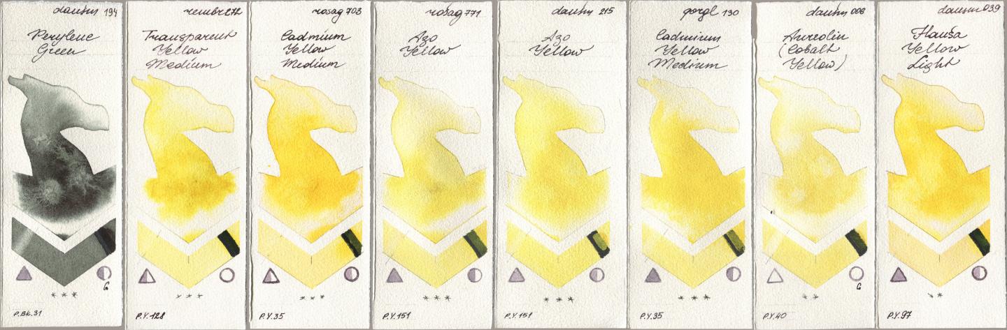 Daniel Smith 194 Perylene Green, Royal Talens Rembrandt Watercolour 272 Transparent Yellow Medium, Rosa Gallery 703 Cadmium Yellow Medium, 771 Azo Yellow, 215 Azo Yellow, Golden QOR 130 Cadmium Yellow Medium, 006 Aureolin (Cobalt Yellow), 039 Hansa Yellow Lig watercolor swatch