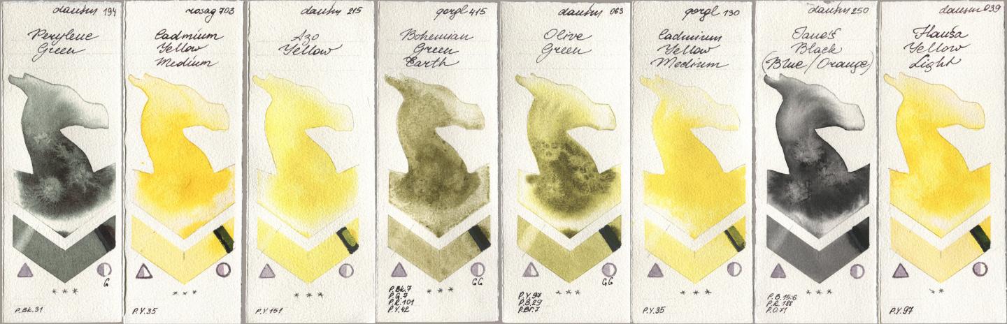 Daniel Smith 194 Perylene Green, Rosa Gallery 703 Cadmium Yellow Medium, 215 Azo Yellow, Golden QOR 415 Bohemian Green Earth, 063 Olive Green, 130 Cadmium Yellow Medium, 250 Janes Black (Blue/Orange), 039 Hansa Yellow Lig watercolor swatch